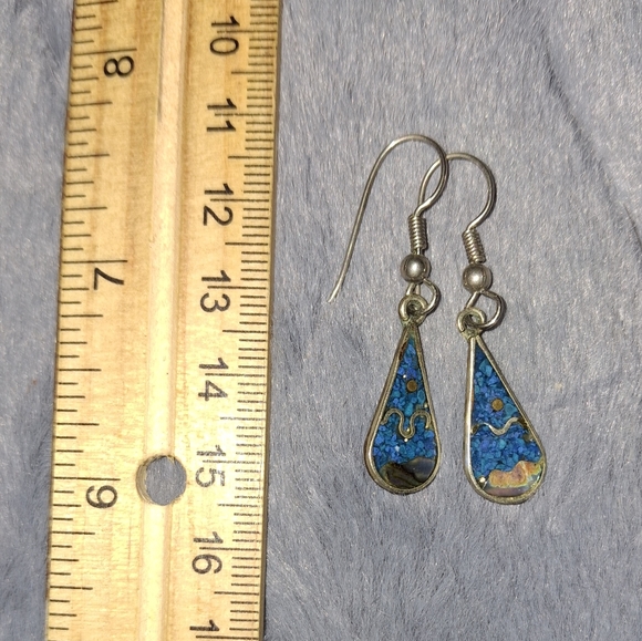 Vintage Mexico silver Teardrop Inlaid Turquoise hook earrings mexico Alpaca - Picture 7 of 8